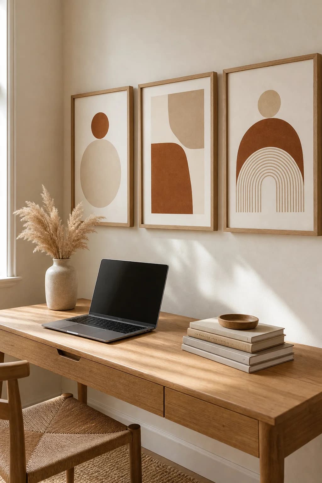 Framed minimalist art prints hanging above a light oak desk