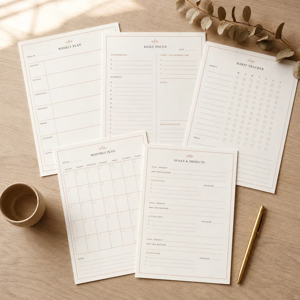 Printed planner pages laid out on a table with a pen and a cup
