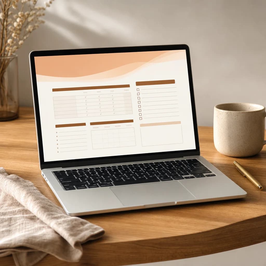 A laptop on a wooden desk showing a Notion workspace